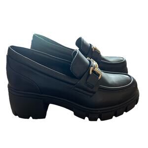 Women’s Size 6 Dream Paris Y2k Lug Chunky Loafers Black Gold Horsebit Buckle EUC